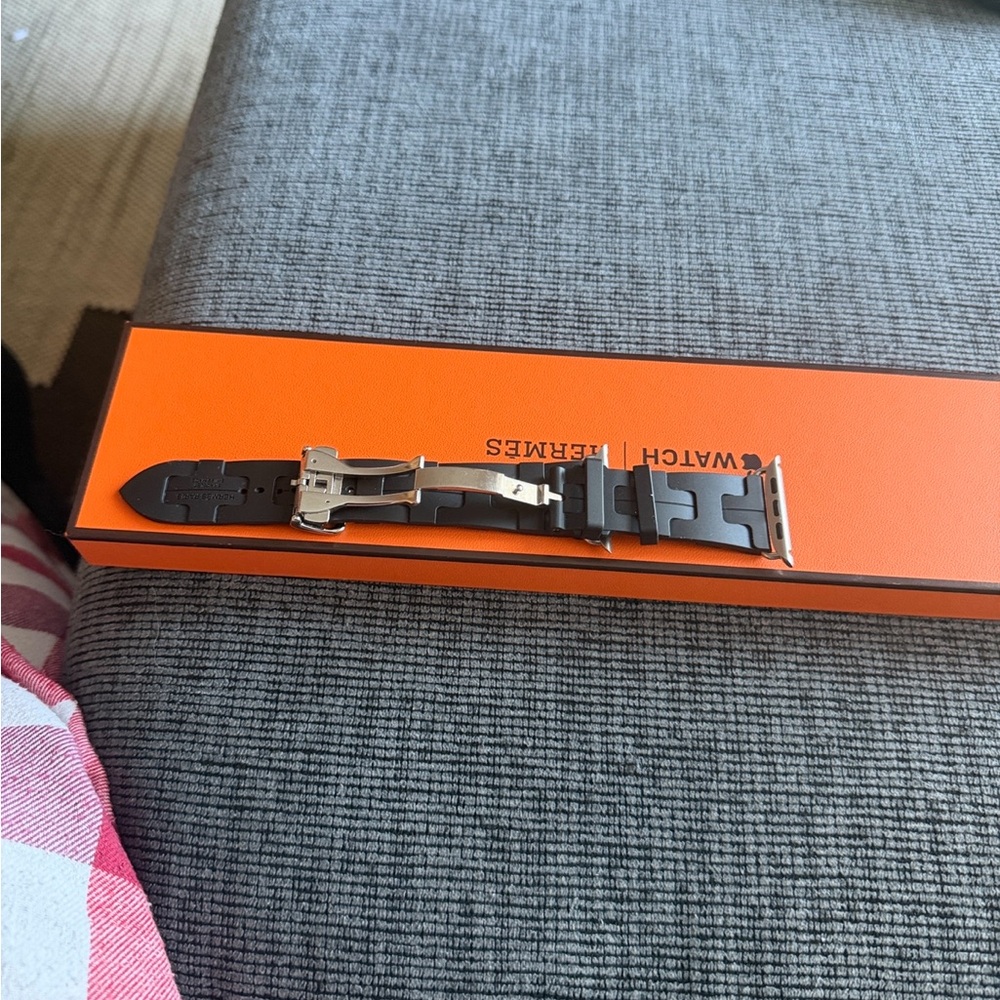 Hermes Black Leather Watch Strap with Silver Clasp